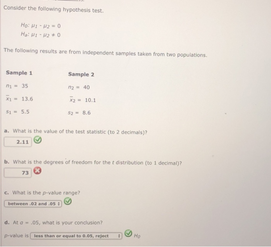 Consider the following hypothesis test. The following results are from independent samples taken from two populations Sample 1 Sample 2 n2-40 x2 10.1 X1# 13.6 S1 5.5 a. What is the value of the test statistic (to 2 decimals)? 8.6 2.11 b. What is the degrees of freedom for the t distribution (to 1 decimal)? 73 c. What is the p-value range? between .02 and .05 d. Ata-.05, what is your conclusion? p-value is less than or equal to 0.05, rejtHo