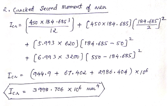 2. 184.685 2 685]? 12 2o Cuacked Second Moment of area Icn= (450 450 x 18416853 :) + [450x184.685) 35] ( 184 + [5.993 x 620][