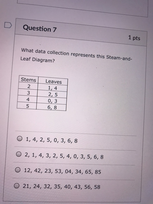 D Question 7 1 pts What data collection represents this Steam-and- Leaf Diagram? Stems Leaves 2 1, 4 3 2, 5 4 0,3 5 O 1, 4, 2, 5, 0, 3, 6, 8 Ог, 1, 4, 3, 2, 5, 4, 0, 3, 5, 6, 8 O 12, 42, 23, 53, 04, 34, 65, 85 O 21, 24, 32, 35, 40, 43, 56, 58