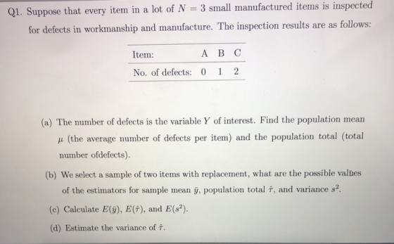 items is inspected ppose that every item in a lot of N 3 small manufactured for defects in workmanship and manufacture. The inspection results are as follows: Item: BC No. of defects: 0 1 2 (a) The number of defects is the variable Y of interest. Find the population mean u (the average numbor of defiects per item) and the population total (totai 0o) We selet a sample te number ofdefects). of the estimators for sarnple mean y, population total , and variance s2. (c) Calculate E(j), E(f), and E(82). (d) Estimate the variance of T.