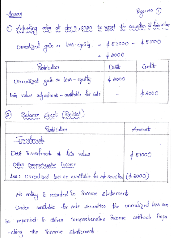 Ansever Page No ③ © Agusting entry wat dech. 2000 to report the c ities and their value Onicalized gain or lons-equity = $530