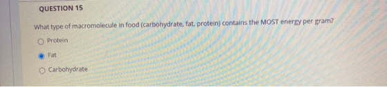 QUESTION 15 What type of macromolecule in food (carbohydrate, fat, protein) contains the MOST energy per gram? Protein Fat Ca