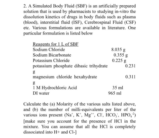 A Simulated Body Fluid (SBF) is an artificially pr