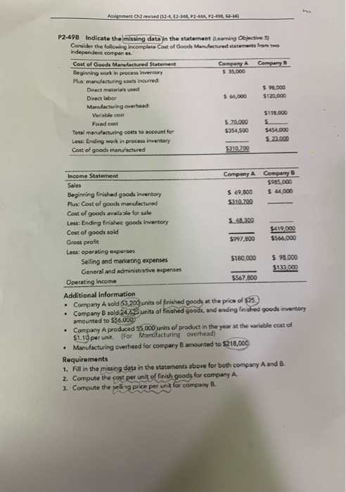Assignment Ch2 revised (52-4, 02-M3, P2-4A, P2-490,00-16) 598.000 P2-49B Indicate the missing data in the statement Learning