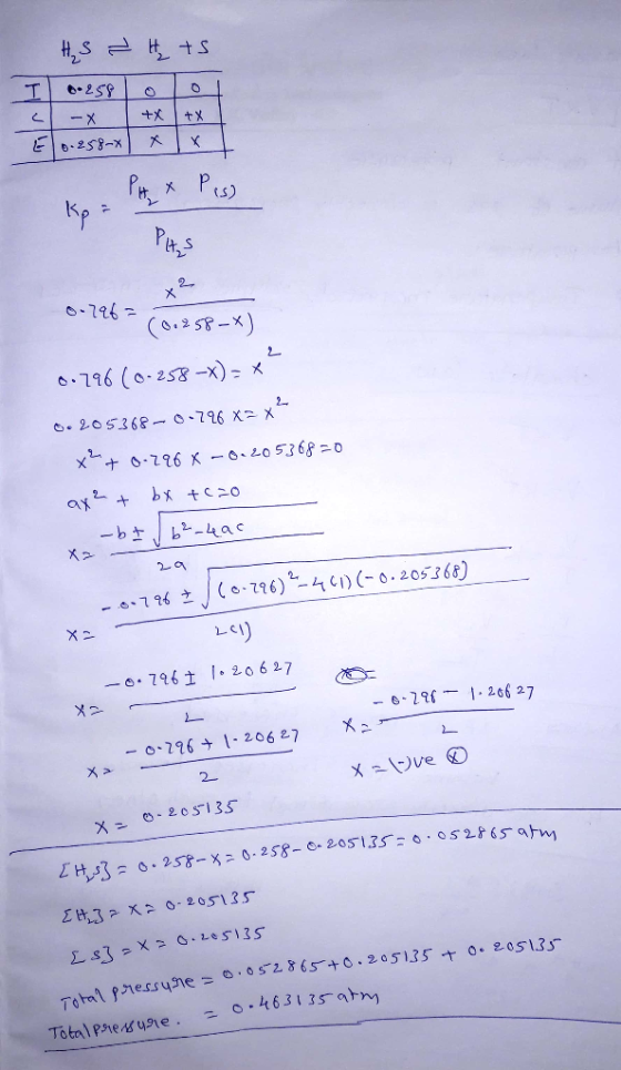 HS ? Hts 0.258 Lool -X +X +x 0.258-X | XXL PH & Pis) Kp in PHS to 0-296= (0.258-X) 0.796 (0-258-x) = ? 0.205368-0-796 x= x X