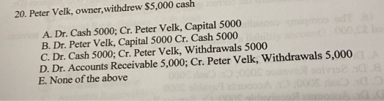 20. Peter Velk, owner, withdrew $5,000 cash A. Dr. Cash 5000; Cr. Peter Velk, Capital 5000 B. Dr. Peter Velk, Capital 5000 Cr