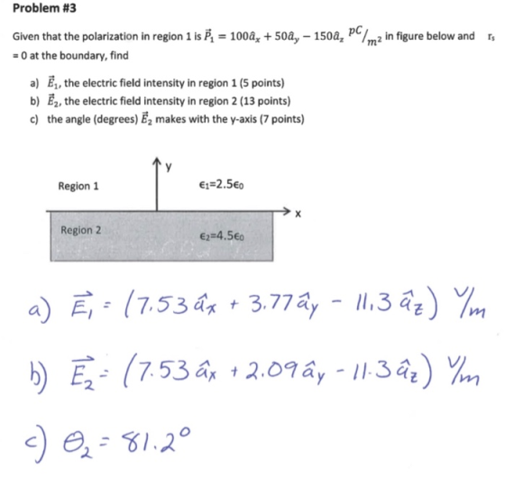 Problem #3 pC m2 Given that the polarization in region 1 is P = 100a, 50a, 150a, in figure below and r 0 at the boundary, fin