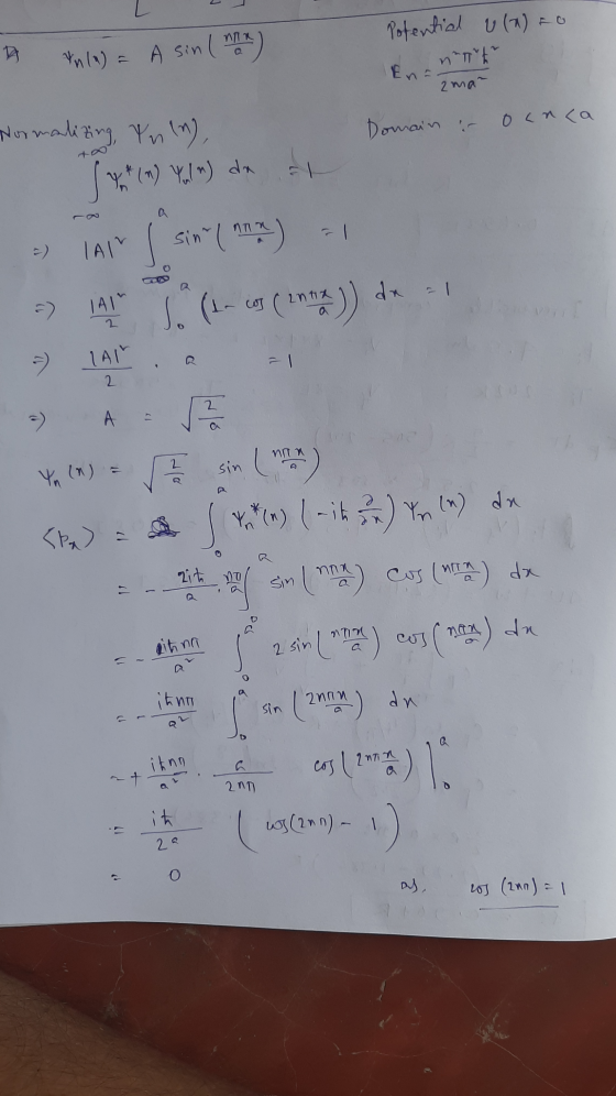 Potential v(a) to * In (4) = A sin ( MIX) a En =- nant zman Domain ironca Normalizing, Yn ln), Jart (n) Yaln) de a - lar sint