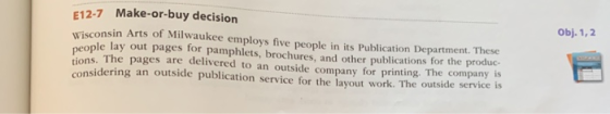 Obj. 1,2 E12-7 Make-or-buy decision Wisconsin Arts of Milwaukee employs five people in its Publication Department. These peop