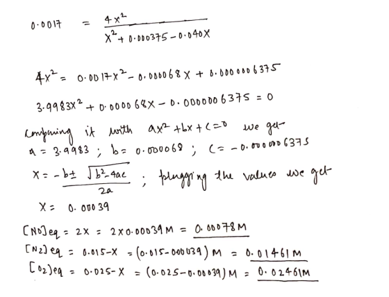 0.0017 X2 +0.000375 -0.040x 4x? = 0.00 17x2-0.000068 x + 0.000000 6375 3.9983x2 + 0.0000 68% -0.000000 6375 = 0 compening it