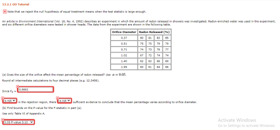 13.2.1 GO Tutorial X Note that we reject the null hypothesis of equal treatment means when the test statistic is large enough