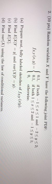 2. (10 pts) Random variables X and Y have the following joint PDF: 0.1, if both 11 and 2S2 Jx( if both Is2 ad Sys; 0, otherwise. (a) Prepare neat, fully labeled sketches of xir (r) (b) Find EKİY=y] and var(X|Y-v). (c) Find E[x (d) Find var(x)using the law of conditional variances.