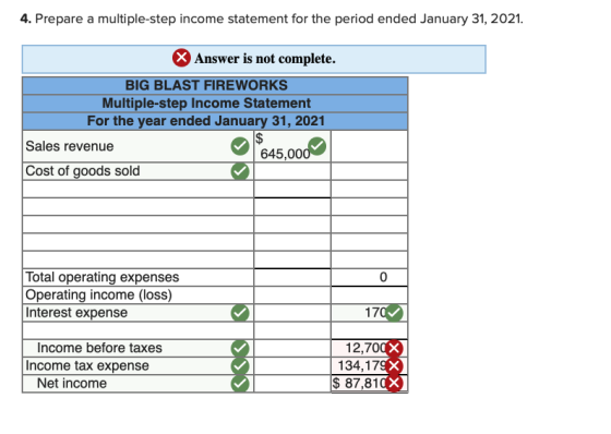 4. Prepare a multiple-step income statement for the period ended January 31, 2021. X Answer is not complete. BIG BLAST FIREWO