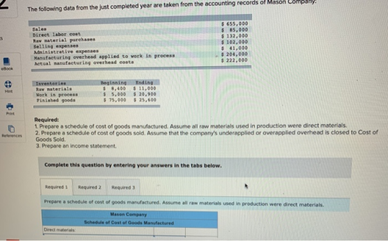 The following data from the just completed year are taken from the accounting records of Mason Company: Sales Direct labor co