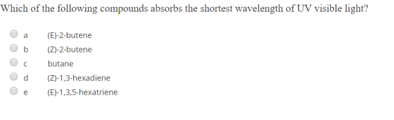 Which of the following compounds absorbs the shortest wavelength of UV visible light? О а Oь О с (E)-2-butene (Z)-2-butene bu