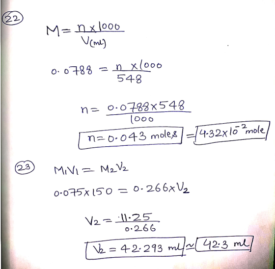 Men x 1000 Veme) 0.0788 = n x1000 548 n=0.0788x548 1000 (n=0.043 moles] =14-32x16?mole MiVI = M2 V2 0-075x150 = 0.266X V2 0.2