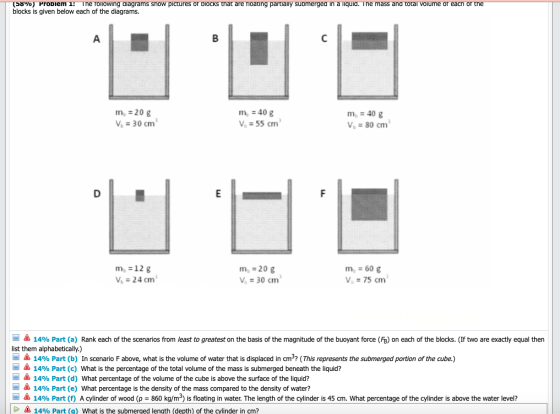 (58%) Problem 1: The following diagrams snow pictures or Docks that are Toating partially submerged in a liquid. The mass and