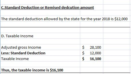 C.Standard Deduction or Itemised dedcution amount The standard deduction allowed by the state for the year 2018 is $12,000 D. Taxable Income Adjusted gross Income Less: Standard Deduction Taxable Income $ 28,100 $ 12,000 $ 16,100 Thus, the taxable income is $16,100