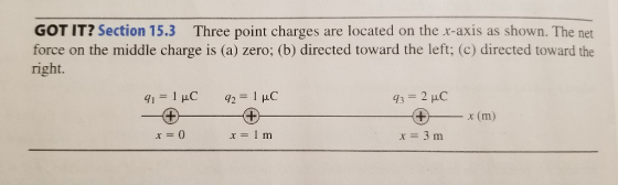 GOT IT? Section 15.3 Three point charges are located on the x-axis as shown. The net force on the middle charge is (a) zero; (b) directed toward the left; (c) directed toward the right. x (m) x 1 m x=3m