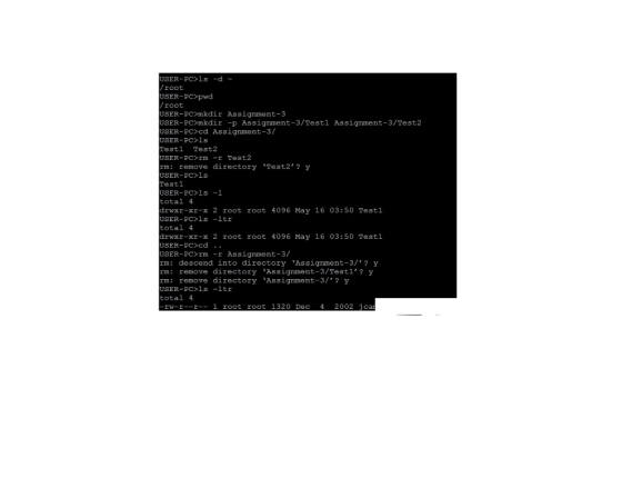 USER-PC>1sd root USER-PC>pwd /root USER-PC>mkdir Assignment-3 USER-PC>mkdir-p Assignment-3/Testl Assignment-3/Test2 USER-PC>c