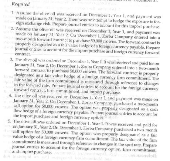 Required 1. Assume the olive oil was received on December 1, Year 1, and payment was made on January 31, Year 2. There was no