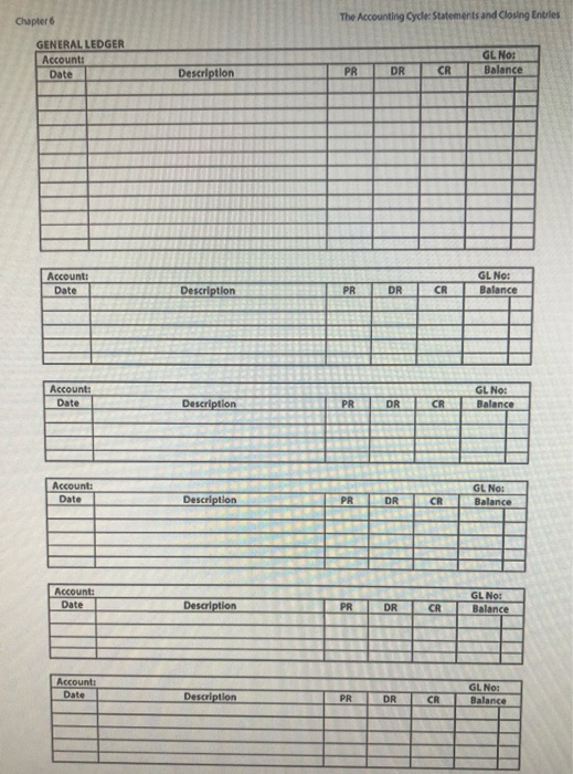 Chapter 6 The Accounting Cycle: Statements and Closing Entries GENERAL LEDGER Account: Date GL No: Balance Description PR DR