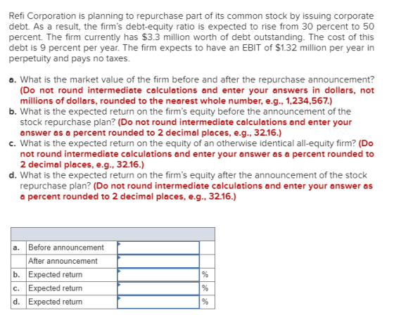 Refi Corporation is planning to repurchase part of its common stock by issuing corporate debt. As a result, the firms debt-e