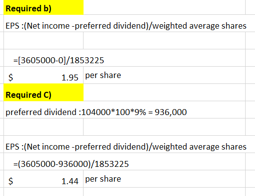 Required b) EPS :(Net income-preferred dividend)/weighted average shares = [3605000-0)/1853225 1.95 per share Required C) pre