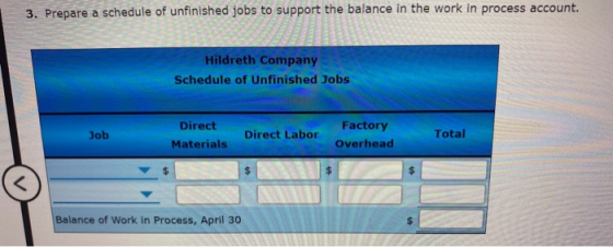 3. Prepare a schedule of unfinished jobs to support the balance in the work in process account. Hildreth Company Schedule of