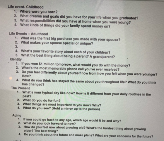 Life event- Childhood 1. Where were you born? 2. What dreams and goals did you have for your life when you graduated? 3. What