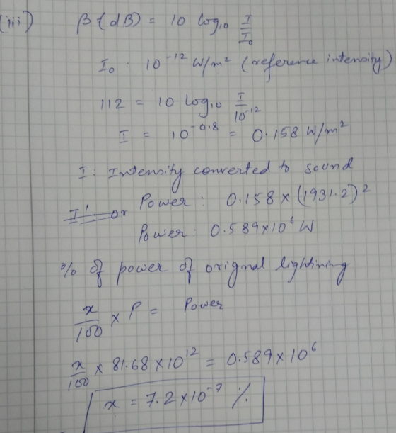 ) BedB) = 10 609.03 Io: 10-12 W/m? (reference intensity 112=10 109 10 12 Is 1010190.158 W/m I. Intensity converted to sound P