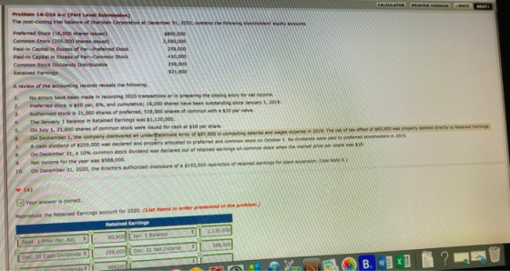 FOR PRINTER VERSION BACK Problem 14-02A (Part Level The post-doing t halace of Shandan Carbon December 31, 2020, Preferred St