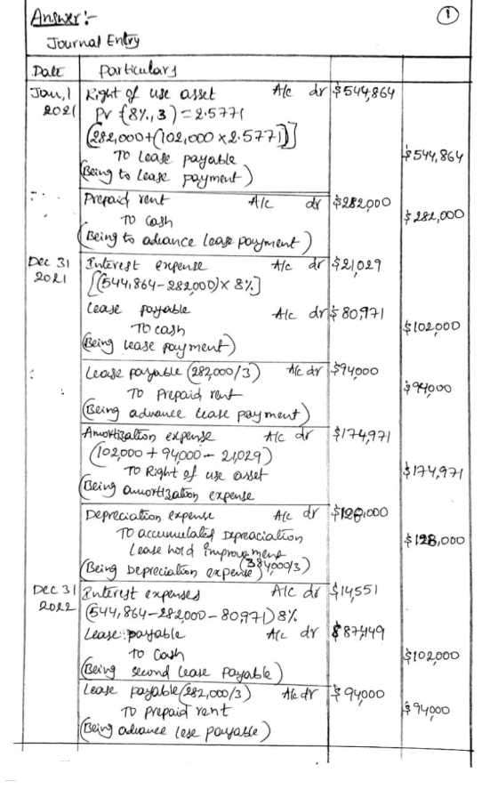 $ 544,864 Answer: Journal Entry Dalt particulars Jan, 1/ Right of use asset Ale dr $544864 2021 pr f87,3 ) = 2.5771 |(282,000