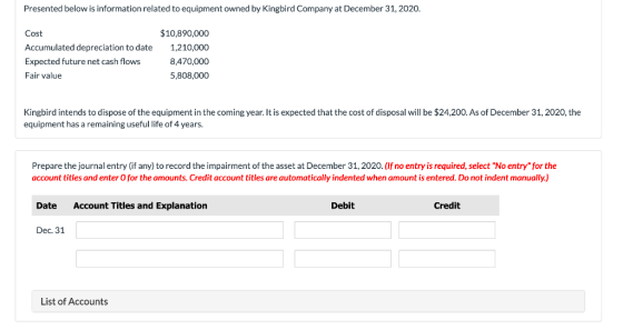 Presented below is information related to equipment owned by Kingbird Company at December 31, 2020. Cost Accumulated deprecia