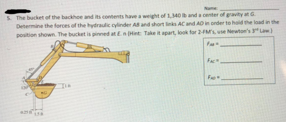Name: 5. The bucket of the backhoe and its contents have a weight of 1,340 lb and a center of gravity at G. Determine the for