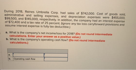 During 2018, Raines Umbrella Corp. had sales of $742,000. Cost of goods sold, administrative and selling expenses, and deprec