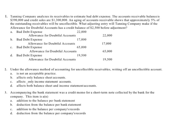 1. Tanning Company analyzes its receivables to estimate bad debt expense. The accounts receivable balance is $390,000 and cre