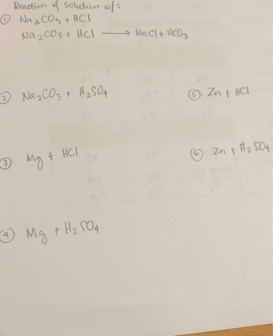 Reaction of solution w/: . Na2CO3 + HCl Na2CO3 + HCl NaCl + HCO₃ 2 Na2CO3 + H₂SO4 & Zn + HCl 2. Mg + HCl 6. n + H₂ 504 4 ng +