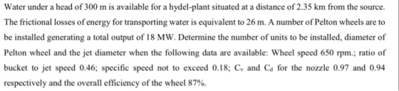 Water under a head of 300 m is available for a hydel-plant situated at a distance of 2.35 km from the source. The frictional