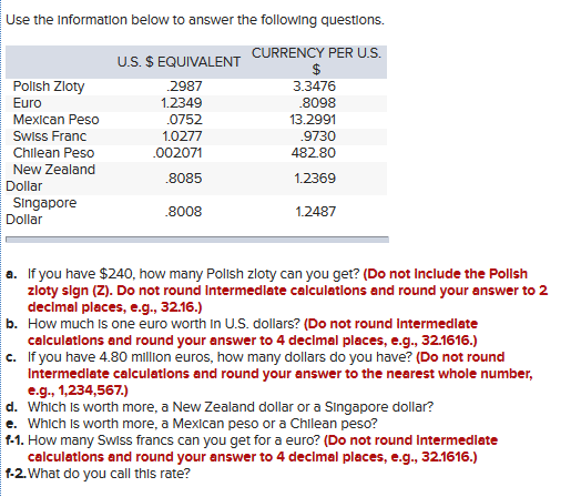 Use the information below to answer the following questions. Polish Zloty Euro Mexican Peso Swiss Franc Chilean Peso New Zeal