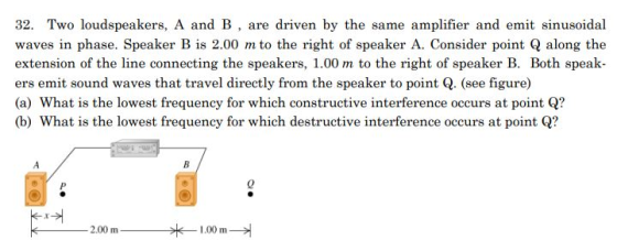 32. Two loudspeakers, A and B , are driven by the same amplifier and emit sinusoidal waves in phase. Speaker B is 2.00 m to t