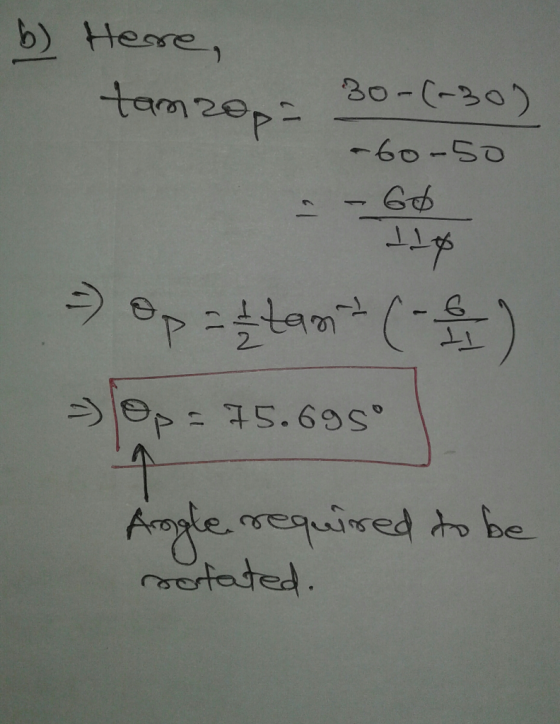 b) Here, 30-(-30) 12 -60-50 - 60 110 > optant (1) >> Op = 75.695 Angle required to be rotated.
