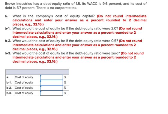 Brown Industries has a debt-equity ratio of 1.5. Its WACC is 9.6 percent, and its cost of debt is 5.7 percent. There is no co