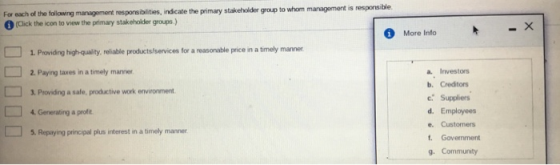 For each of the following management responsibilities, indicate the primary stakeholder group to whom management is responsib