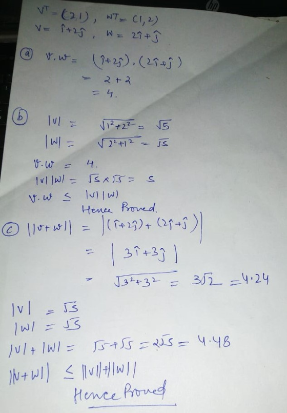 VT (2,1), WT (1, 2) V= +2], W = 27+ ] 1+ 25). (210)) 2+2 = 4. v.w= b lul = = 4. V 1² +22 - 5 |W/= 22+12 IS v. w |ul|wl = ISAI
