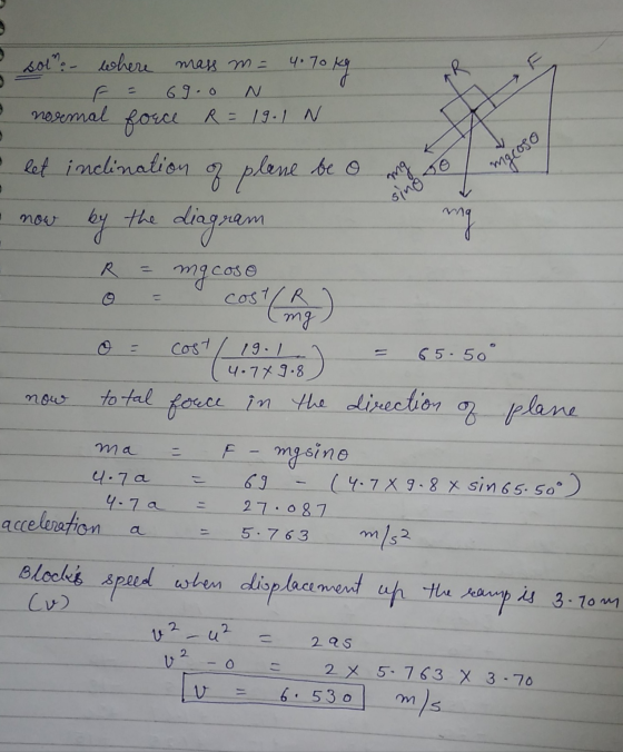 69.o R = 19.1 N sol?: - where mass m = 4.70 kg F normal force • let inclination by the diagram mgcoso cosa) of plane be o mg