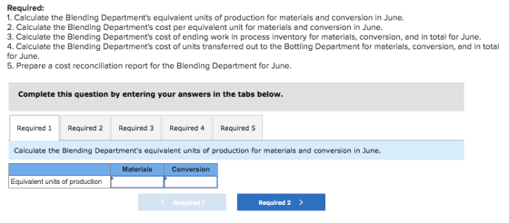Required: 1. Calculate the Blending Departments equivalent units of production for materials and conversion in June. 2. Calc