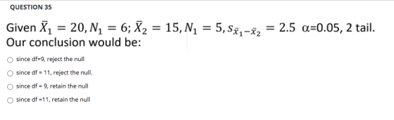 QUESTION 35 Given 71 = 20, N4 = 6; X2 Our conclusion would be: 15, N1 5, Sã,-82 = 2.5 a=0.05, 2 tail. since df=9, reject the