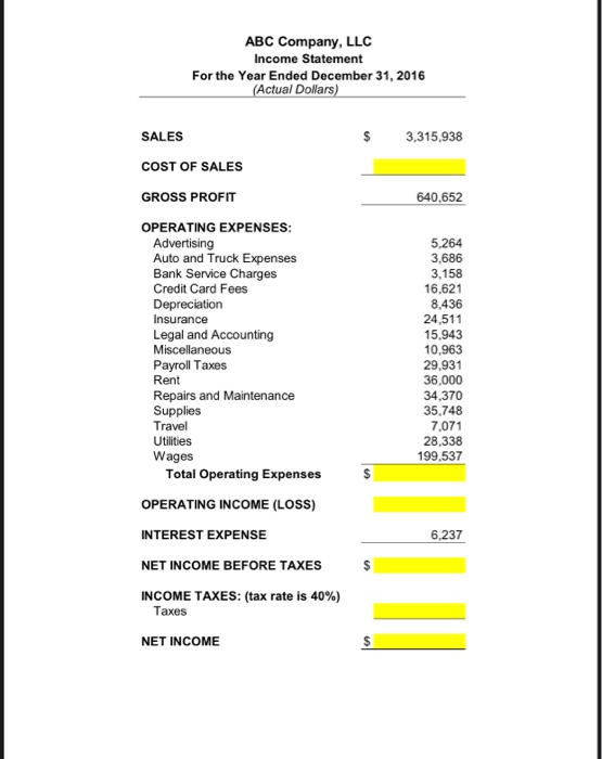 ABC Company, LLC Income Statement For the Year Ended December 31, 2016 (Actual Dollars) SALES $ 3,315,938 COST OF SALES GROSS