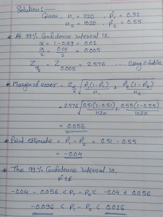 A po 0.51 a 0.55 1 Ar 7 Solution Given na 1120 1020 Pe * At 99% Confidence interval is, Qe (-0.99 0.01 a 0.01 0.005 2 2 Z Z 2